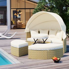 TOPMAX Patio Furniture Round Outdoor Sectional Sofa Set Rattan Daybed Two-Tone Weave Sunbed With Retractable Canopy, Separate Seating And Removab (Option: Beige)
