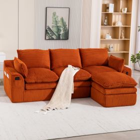 L Shaped Compressed Modular Sectional Sofa Modern Corduroy Upholstered Boneless Couches With Movable Footstool,With Three Pillows And Two Lumbar (Option: Orange)