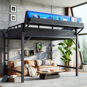 Queen Size Loft Bed Frame With Storage Shelves And Pegboard, Metal Loft Bed With USB Ports And LED Lights, Safe And Sturdy, Black (Option: Black)