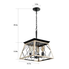 16in  Oak Industrial 4-Light Pendant Chandelier, Modern Metal Cage Design, Adjustable Hanging Light For Dining Room, Kitchen, Living Room -No Bul (Option: Default)