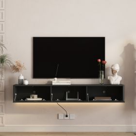 Floating TV Stand, Wall Mounted TV Shelf With Led Lights & Power Outlet,High Gloss TV Cabinet For Black Tv Stands For Living Room (Option: Black)