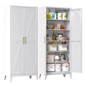 75inch H Metal Pantry Cabinet, Kitchen Pantry Storage Cabinets With 5 Adjustable Shelves, For Home, Required Assembly, White (Option: White)