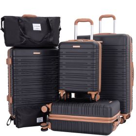 6 Piece Luggage Set, ABS Hard Shell Travel Suitcase With TSA Lock,BLACK (Option: Black)