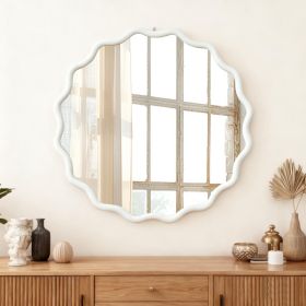 White 30 Inch Wavy Round Solid Wood Frame Decorative Mirror,For Bedroom, Bathroom, Living Room, Entryway (Option: White)