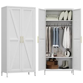 METAN Metal Wardrobe Closet With Doors, Farmhouse Armoire Wardrobe Closet For Bedroom,Assembly Required,White (Option: White)