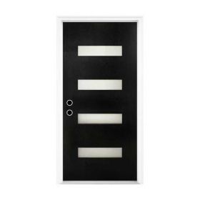 32 X 80 Fiberglass Entry Door With Brickmould, Frosted Glass - Contemporary Style For Home's Front Entrance, Right Hand Inswing, Black Finished K (Option: Black)