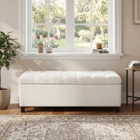 Ottoman Bench With Storage, White Boucle Surface, Rubber Wood Legs, 300 Lbs Capacity (Option: White)