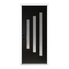 36 X 80 Brush Finished Fiberglass Entry Door With Brickmould,3 Lite Frosted Glass - Modern Style For Home's Front Entrance, 6-9-16 Black Vinyl Fr (Option: Black)