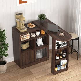 Modern Bar Cabinet With Rotating Top, Counter Height Dining Cabinet With 6 Storage Space And 2 Ribbed Glass Door For Kitchen, The Rotating Top Wi (Option: Walnut)