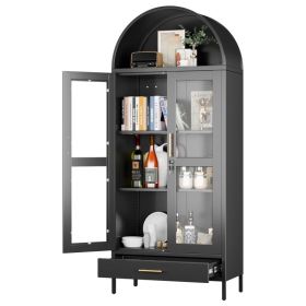 Metal Arched Display Cabinet With Lock, Modern Arch Kitchen Pantry Storage Cabinet With Glass Doors 1 Drawer For Living Room, Bookshelf, Assembly (Option: Black)