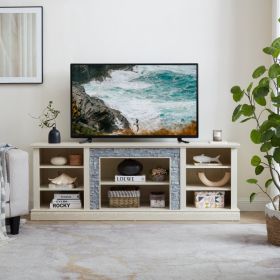 Large TV Desk Storage Rack With Faux Stacked Stone Surround,Media Console Table With Large Storage Cabinet,Modern TV Media Entertaionment Stand,W (Option: White)
