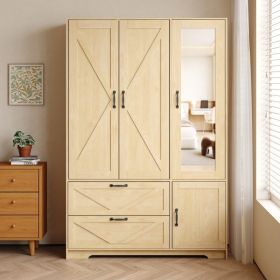 4 Doors Wardrobe Closet With Mirror, LED Wardrobe With Doors And 2 Drawers, Wooden Wardrobe Storage Cabinet With Hanging Rod, Adjustable Shelves, (Option: Natural)