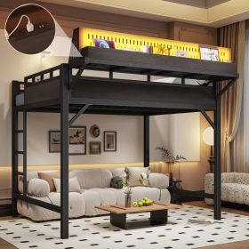 Ful Size Loft Bed Frame With Storage Shelves And Pegboard, Metal Loft Bed With USB Ports And LED Lights, Safe And Sturdy, Black (Option: Black)
