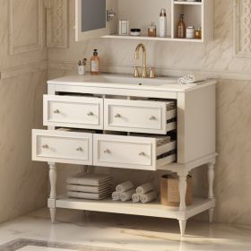36 Bathroom Vanity Cabinet With Sink Combo Set, Undermount Ceramic Sink, Free Standing Vanity Set With 4 Drawers, Solid Wood Frame Bathroom Cabin (Option: Beige)