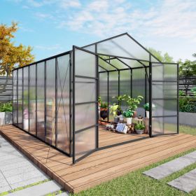 Newly Design Windproof Aluminum Greenhouse 10x14 FT Polycarbonate Greenhouse Aluminum Heavy Duty Walk-in Greenhouses For Outdoor  In All Season (Option: Black)