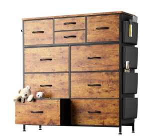 10-Drawer Dresser With Side Pocket & Hooks, Storage Cabinet With Wood Top For Bedroom Closet Organization (Option: Brown)