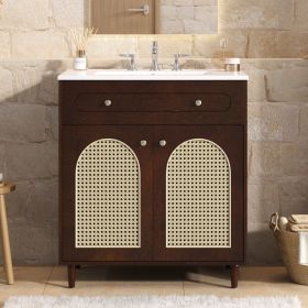 30 Bathroom Vanity With Ceramic Sink, Solid Wood Frame Bathroom Sink Cabinet With Adjustable Shelf, Tip-Drawer, Rattan Front Panels (Option: Walnut)