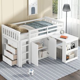 Twin Loft Bed With Storage Cabinet, Drawer And Shelf Cabinet And Pulling-Out Desk, Rubber Wood Loft Bed With Safety Guardrail, Ladder,White (Option: White)