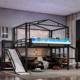 Full Size Loft Bed With Storage Stairs, Shelves And Built-in Wardrobe, Metal Loft Bed Frame With USB Ports And LED Lights, Noise-reduced Design, (Option: Black)
