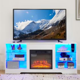 TV Stand Electric Fireplace  Glass Shelves, 3D Fireplace TV Stand With LED Lights Wood With USB Charging Outlet Modern Television Table Center For TV (Option: White)