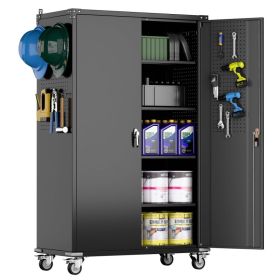 2025 Upgraded Wide & Deep Garage Storage Cabinet With Wheels, Lockable Metal Storage Cabinet With Pegboards And 9 Hooks, 2 Tool Pouches For Garag (Option: Black)