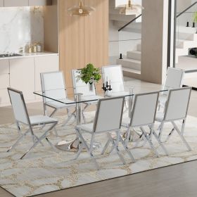 Table And Chair Set.71 X 35.4-inch Tempered Glass Table,8 Silver Metal Framed White PU Dining Chairs. Modern Kitchen Table & 8 Seater Dining Room (Option: White  Silver)