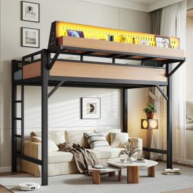 Twin XL Size Loft Bed Frame With Storage Shelves And Pegboard, Metal Loft Bed With USB Ports And LED Lights, Safe And Sturdy, Natural (Option: Natural)