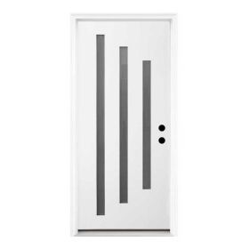 36 X 80 Brush Finished Fiberglass Entry Door With Brickmould,3 Lite Frosted Glass - Modern Style For Home's Front Entrance, 6-9-16 White Vinyl Fr (Option: White)