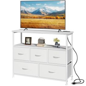 TV Cabinet, Dressing Table With 5 Fabric Storage Drawers, Media Cabinet With Open Shelves, Fabric Storage Cabinet With Charging Station (Option: White)