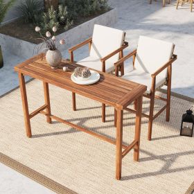 3 Piece Outdoor Bar Set, Patio Acacia Wood Bar Height Table & 2 Stools With Cushions, Wood Dining Bar Set For Backyard, Poolside, Balcony, Beige (Option: BeigeNatural)