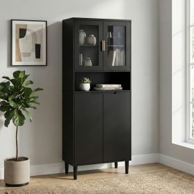 Tempered Glass Door Tall Storage Bookcase With Adjustable Board, 4 Doors MDF Painting Finished Cabinet, Black, Living Room Bedroom Storage (Option: Black)