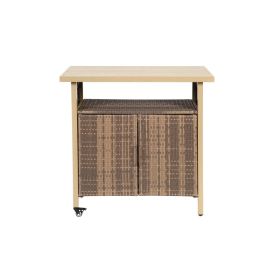 Outdoor Wicker Bar Cart, Patio Wine Serving Cart W Wheels , Rolling Rattan Beverage Bar Counter Table W Glass Top For Porch Backyard Garden Pools (Option: Beige)