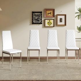 Modern White PU Dining Chairs Set Of 4 - Diamond Quilted High Back Design With Silver Chrome Metal Legs, Essential For Minimalist Homes, High Com (Option: White)