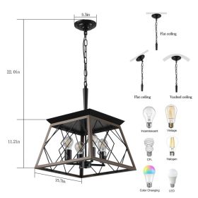 Same As W1340111202-L1008  16in  Walnut Industrial 4-Light Pendant Chandelier, Modern Metal Cage Design, Adjustable Hanging Light For Dining Room (Option: Default)