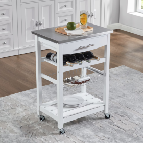 Mobile Rolling Kitchen Island Trolley Serving Cart With Underneath Drawer & Slide-Out Wire Storage Basket (Option: White)