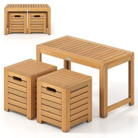 Acacia Wood Outdoor Coffee Table With Stools Set Of 2 3 Pieces Patio Table And Stools Set For Balcony, Patio, Porch, Garden And Other Limited Spa (Option: Natural)