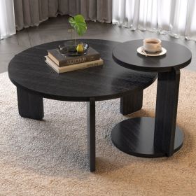 32.68 Inch 83 Cm Diameter Nesting Round Wood Coffee Table With End Table Set Of 2, Black OAK Veneer Top With Water And Wear-resisting PU Painting (Option: Black)