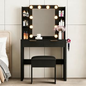 Makeup Vanity Desk With 10 Hollywood Bulbs, Fluted Dressing Table With Charging Station, 2 Drawers And 4 Open Shelves, Hairdryer Holder, Padded S (Option: Black)
