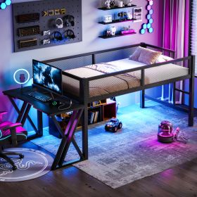 Twin XL Size Gaming Loft Bed With Desk Of X-shaped Leg ,LED Lights, USB Ports, Staircase & Mesh Guardrail - Black Metal Frame, Space-Saving Eleva (Option: Black)