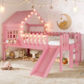 Twin Size House Loft Bed With Slide,Playhouse Bed With Star-shaped Designs And Window, Chic Design With LED Lights,No Box Spring Needed,Pink (Option: Pink)