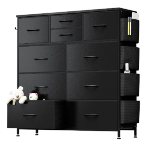 10-Drawer Dresser With Side Pocket & Hooks, Storage Cabinet With Wood Top For Bedroom Closet Organization (Option: Black)