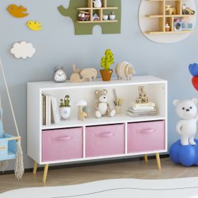Kids Bookcase With Collapsible Fabric Drawers, Children's Book Display, Toy Storage Cabinet Organizer, White Pink (Option: White Pink)