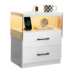 Nightstand With LED Lights, Adjustable Light Colors, Bedside Table, Side Table With 2 Drawers,White (Option: White)