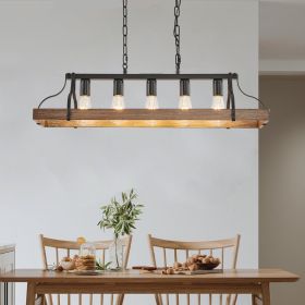 34-Inch Black And Walnut Wood Grain Pendant Light, 5 E26 Bulb Sockets, Adjustable Chain Height -Modern Farmhouse Chandelier For Dining Room, Kitc (Option: Default)