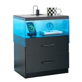 Nightstand With LED Lights, Adjustable Light Colors, Bedside Table, Side Table With 2 Drawers,Black (Option: Black)