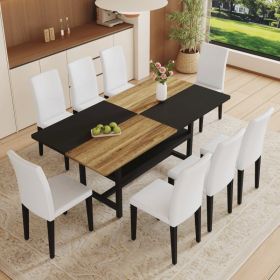Table And Chair Set.71x35.4 Inch Wooden And Black Spliced Dining Table With Storage Function In The Middle Of The Table Legs.Paired With 8 White (Option: White  Black  Wood)