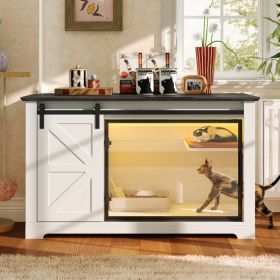 46 Farmhouse Cat Litter Box Enclosure With Sliding Barn Door, White Large Hidden Acrylic Door Cat Cabienet With LED Light, Cat Washroom Furniture (Option: White)