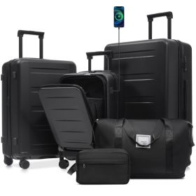 Luggage Sets 5 Piece With Front Opening, Hardside Expandable Carry On Suitcase Set With Double Spinner Wheel, Lightweight Travel Luggage With USB (Option: Black)