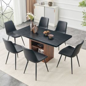 Expandable Dining Table And Chair Set, 59-71 Inch Pull-out Table,Paired With 6 Black Artificial PU Chairs With Curved Widened Cushion Design. Sui (Option: Walnut  black)