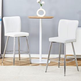 Modern White PU Bar Chair Set - Two Pieces, The Backrest Has A Vertical And Smooth Line Design With Silver Metal Leg.Suitable For Placement In Ba (Option: White  Silver)
